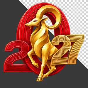 Hình ảnh chú dê vàng đứng trong vòng tròn số 2027 chào năm mới - File PNG