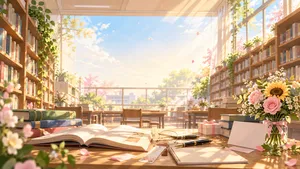 Góc thư viện sách hoa hướng dương nắng mai - File JPG