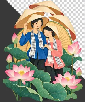 File PNG - Hai thiếu nữ mặc áo bà ba khăn rằn đội nón lá bên đầm sen hồng