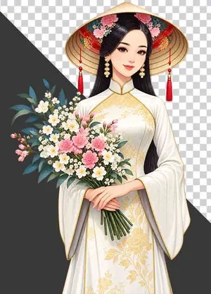 Thiếu nữ mặc cổ phục trắng đội nón lá ôm bó hoa cẩm chướng và hoa trắng - PNG