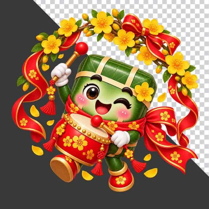 File PNG - Nhân vật hoạt hình bánh chưng đánh trống hội trong vòng hoa mai ruy băng đỏ