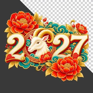 Hình ảnh đầu dê trắng và chữ số 2027 hoa mẫu đơn vàng - File PNG