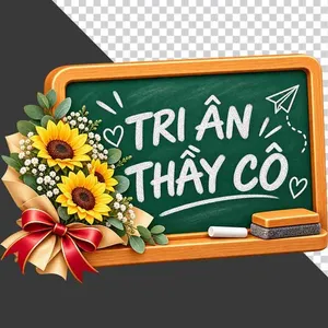 Bảng đen chữ tri ân thầy cô và bó hoa hướng dương 20 tháng 11 - PNG