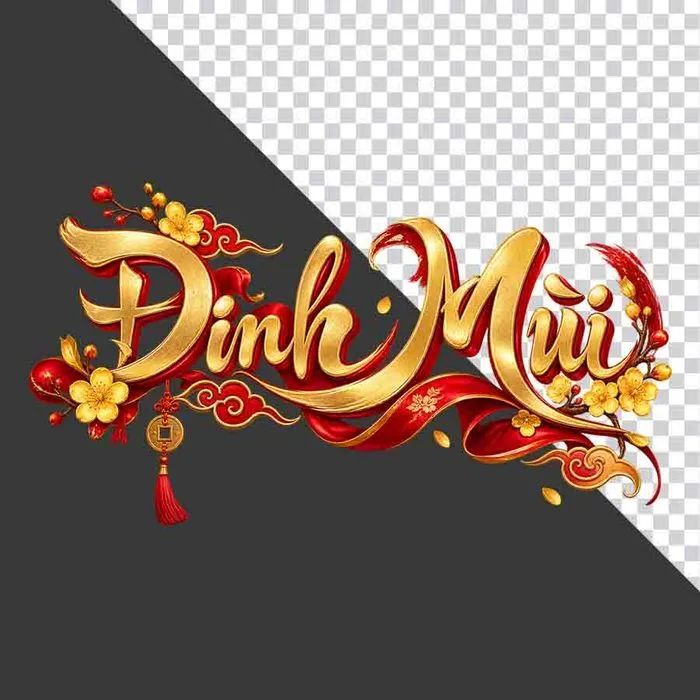 File PNG - Chữ Đinh Mùi 3D phong cách thư pháp vàng kim lụa đỏ hoa mai ngày Tết
