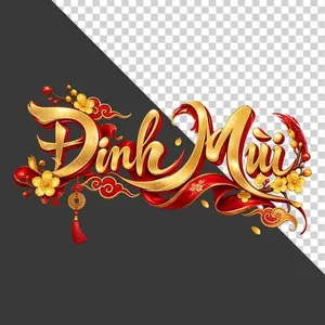 File PNG - Chữ Đinh Mùi 3D phong cách thư pháp vàng kim lụa đỏ hoa mai ngày Tết