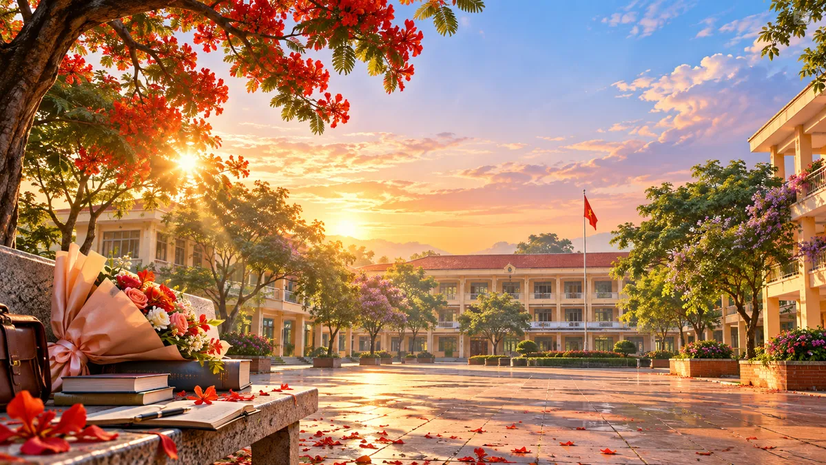 Sân trường bình minh hoa phượng đỏ kỷ yếu - JPG