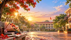 Sân trường bình minh hoa phượng đỏ kỷ yếu - JPG