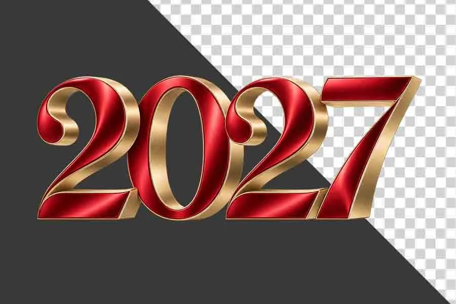 Số 2027 3D uốn lượn đỏ vàng kim nghệ thuật ngày Tết - File PNG