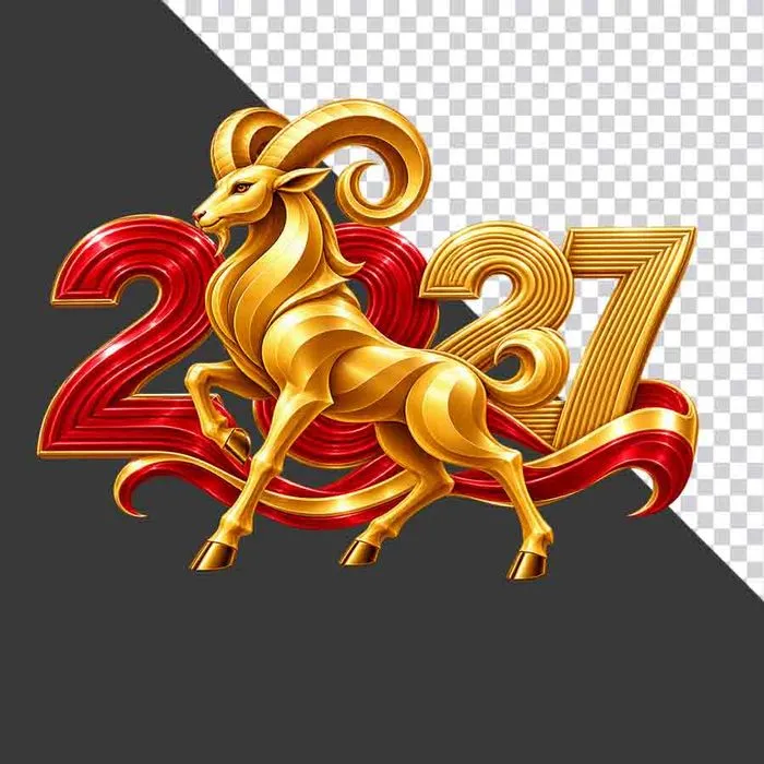Mô hình chú dê vàng di chuyển kết hợp chữ số 2027 và dải lụa đỏ - File PNG