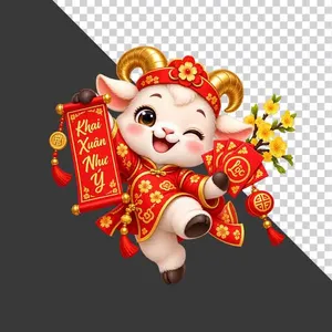 File PNG - Chú dê đỏ cầm cuộn thư Khai Xuân Như Ý và bao lì xì