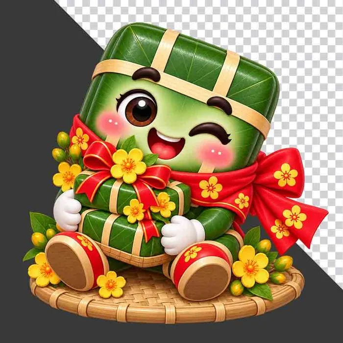 File PNG - Bánh chưng ngồi mâm tre ôm cặp bánh chưng nhỏ nơ đỏ hoa mai