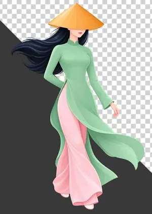 Thiếu nữ mặc áo dài xanh đội nón lá tóc dài bay trong gió - File PNG