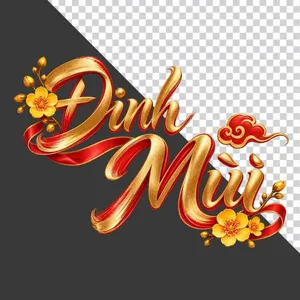 File PNG - Chữ Đinh Mùi 3D xếp tầng hoa mai vàng lụa đỏ ngày Tết