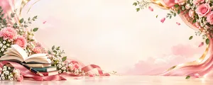 File JPG - Phông nền 20/11 sách vở bút mực hoa hồng pastel lụa hồng