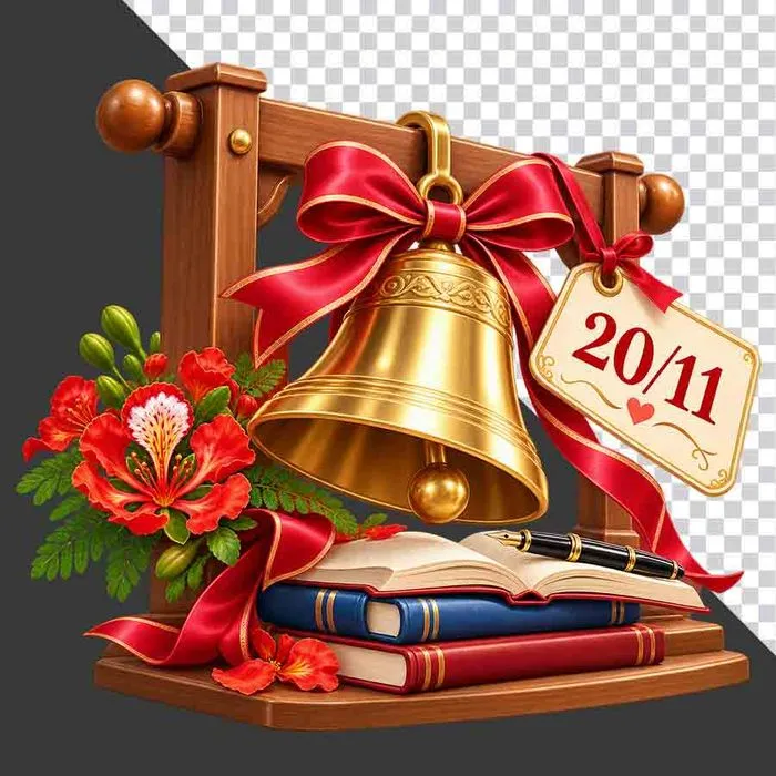 File PNG - Chuông vàng hoa phượng sách bút thẻ 20/11 tri ân thầy cô