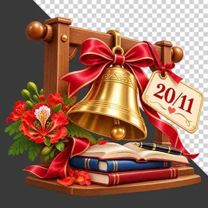 File PNG - Chuông vàng hoa phượng sách bút thẻ 20/11 tri ân thầy cô   