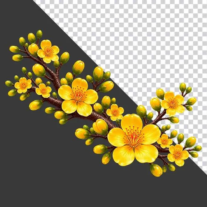 File PNG - Cành hoa mai vàng rẽ nhánh cân đối