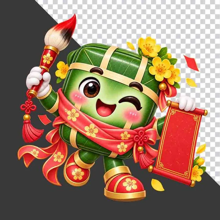 File PNG - Bánh chưng cầm bút lông câu đối đỏ hoa mai chúc Tết