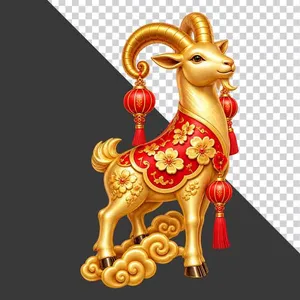 File PNG - Tượng dê vàng ba lồng đèn đỏ bệ mây