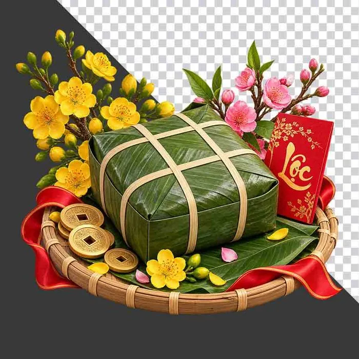 Mẹt bánh chưng hoa mai hoa đào bao lì xì Lộc tiền cổ và dải ruy băng đỏ