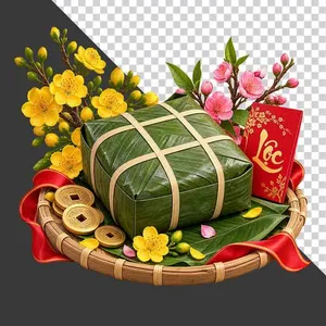 Mẹt bánh chưng hoa mai hoa đào bao lì xì Lộc tiền cổ và dải ruy băng đỏ