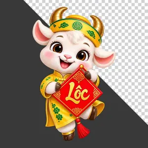 File PNG - Tượng chú dê vàng ôm thẻ bài chữ Lộc đỏ