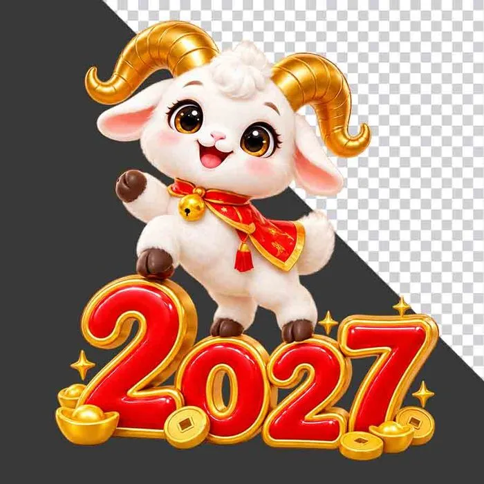 Hình ảnh chú dê hoạt hình dễ thương đứng trên chữ số 2027 đỏ vàng - File PNG