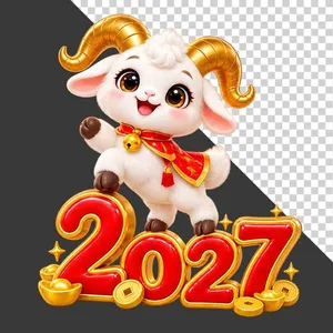 Hình ảnh chú dê hoạt hình dễ thương đứng trên chữ số 2027 đỏ vàng - File PNG