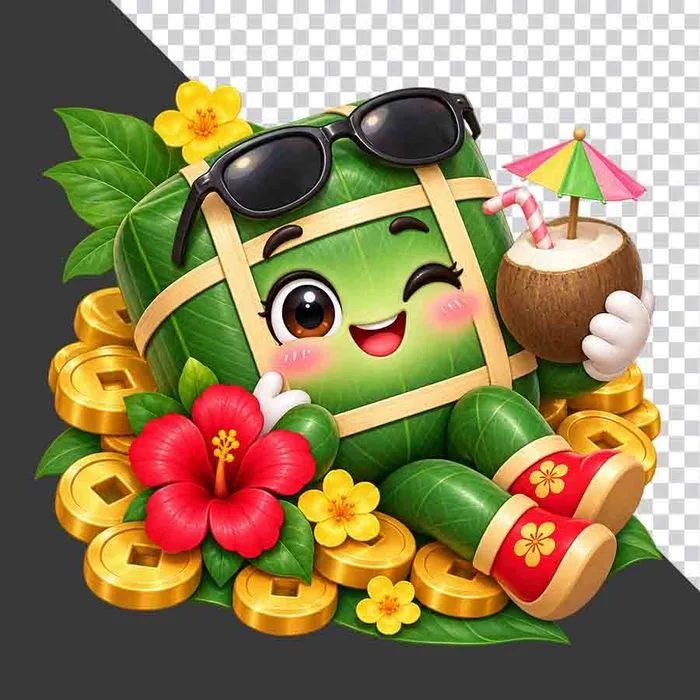 File PNG - Bánh chưng đeo kính râm uống nước dừa hoa râm bụt tiền vàng