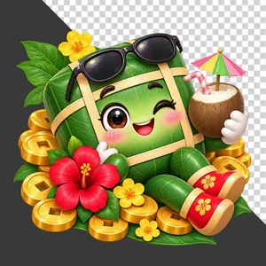 File PNG - Bánh chưng đeo kính râm uống nước dừa hoa râm bụt tiền vàng