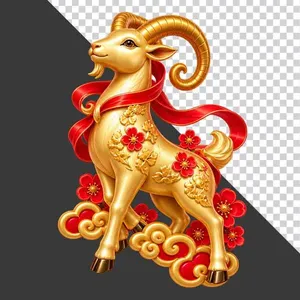 File PNG - Tượng dê vàng dải lụa đỏ hoa đào phong thủy