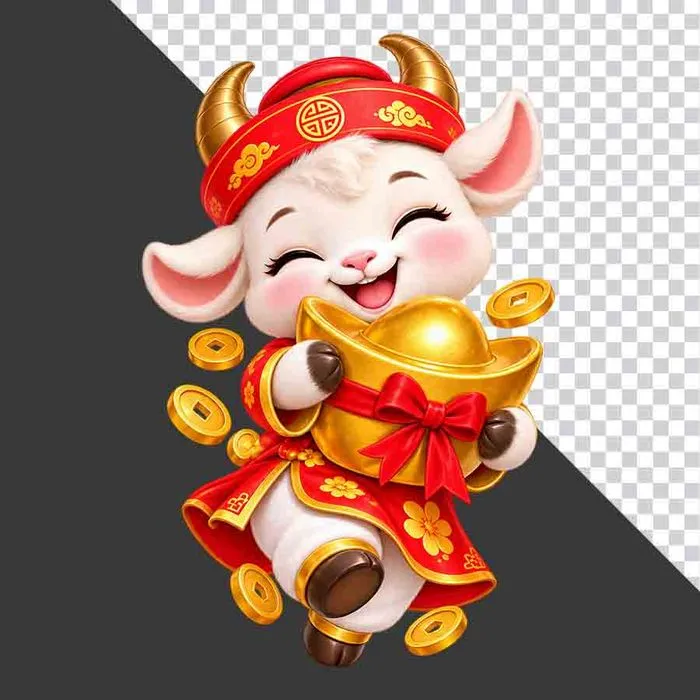File PNG - Tượng chú dê đỏ ôm thỏi vàng thắt nơ đỏ xung quanh tiền xu