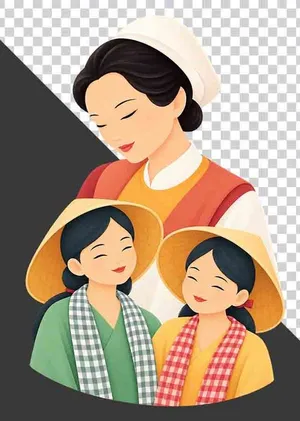 File PNG - Mẹ đội mũ vải ôm hai con gái mặc áo bà ba xanh vàng
