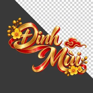 File PNG - Chữ Đinh Mùi 3D xếp tầng hoa mai vàng lụa đỏ ngày Tết   