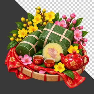 Mẹt tre mộc mạc bày trí bánh chưng bánh tét trà ấm hoa mai hoa đào ngày Tết - File PNG