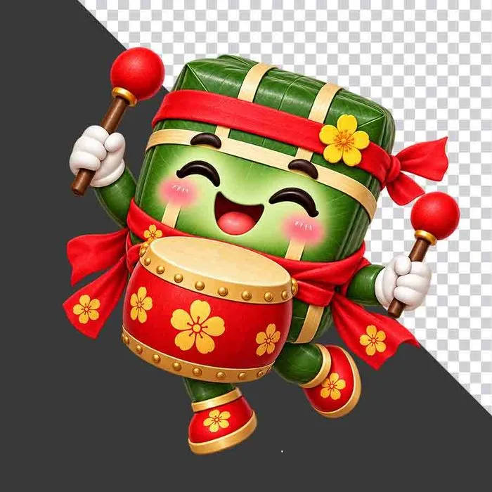 File PNG - Bánh chưng hai tay cầm dùi đánh trống hội hoa mai ngày Tết