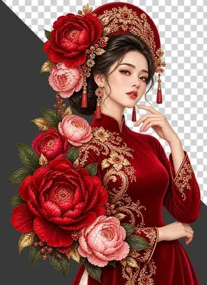 File PNG - Thiếu nữ mặc cổ phục đỏ nhung thêu hoa vàng đội khăn vành kết hợp hoa mẫu đơn rực rỡ