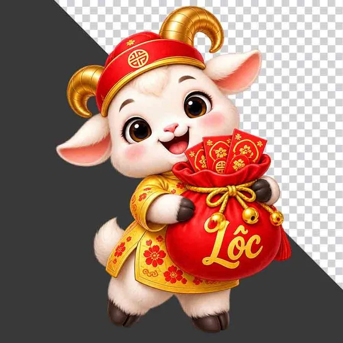 File PNG - Tượng chú dê vàng ôm túi tiền đỏ chữ Lộc chứa bao lì xì
