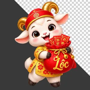 File PNG - Tượng chú dê vàng ôm túi tiền đỏ chữ Lộc chứa bao lì xì