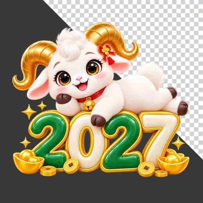 File PNG - Hình ảnh chú dê hoạt hình dễ thương nằm trên chữ số 2027 xanh trắng