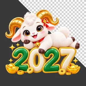 File PNG - Hình ảnh chú dê hoạt hình dễ thương nằm trên chữ số 2027 xanh trắng
