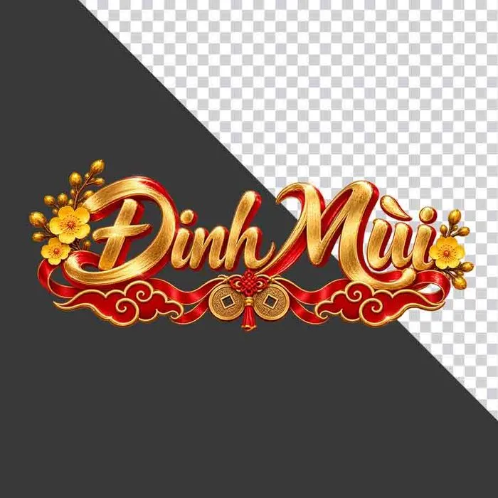 File PNG - Chữ Đinh Mùi 3D ngang hoa mai vàng lụa đỏ đồng tiền ngày Tết