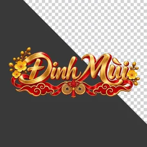 File PNG - Chữ Đinh Mùi 3D ngang hoa mai vàng lụa đỏ đồng tiền ngày Tết
