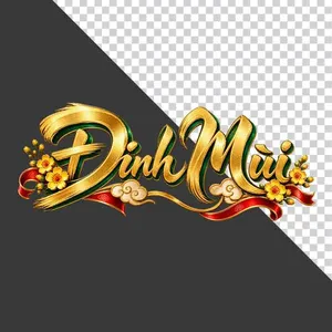 File PNG - Chữ Đinh Mùi 3D ngang viền xanh hoa mai vàng lụa đỏ ngày Tết   