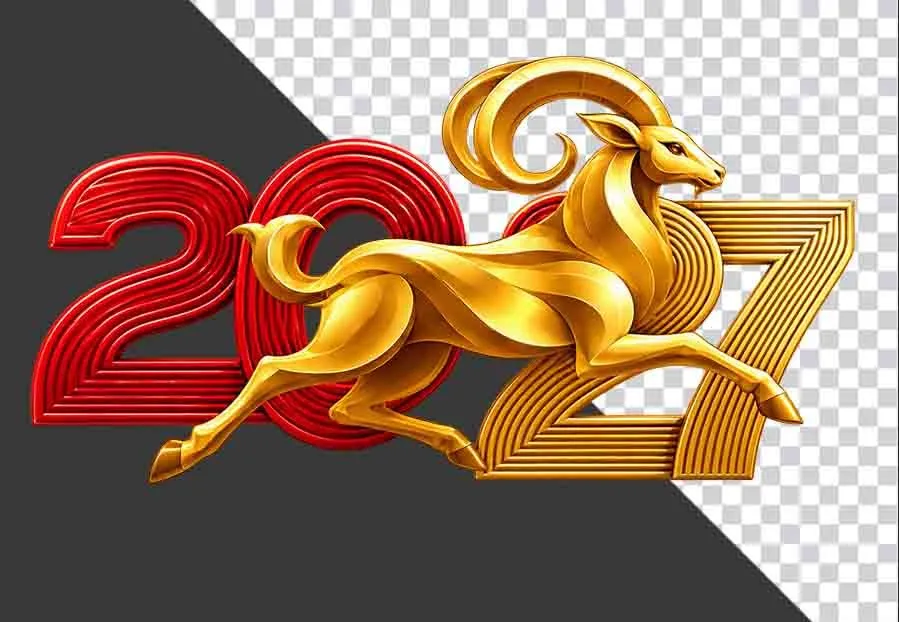 Hình ảnh chú dê vàng phi nước đại ngang qua chữ số 2027 chào năm mới - File PNG
