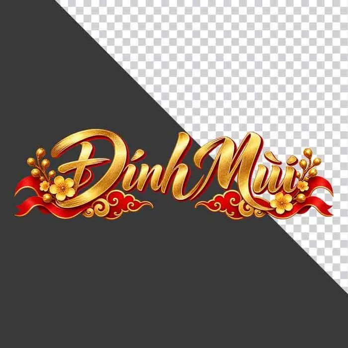 Chữ Đinh Mùi 3D ngang dải lụa đỏ hoa mai vàng ngày Tết - File PNG