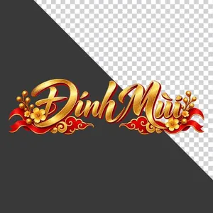 Chữ Đinh Mùi 3D ngang dải lụa đỏ hoa mai vàng ngày Tết - File PNG