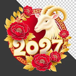 Hình ảnh đầu dê trắng và chữ số 2027 hoa mẫu đơn đỏ - File PNG