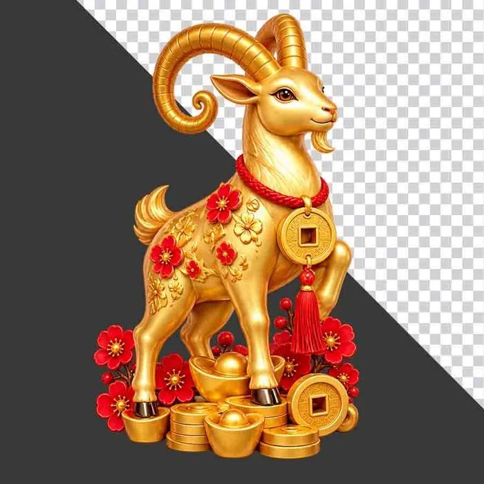 File PNG - Tượng dê vàng đứng trên đống tiền vàng hoa đào
