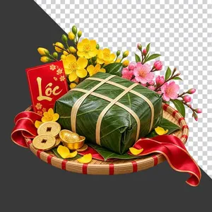 File PNG - Mẹt bánh chưng hoa mai hoa đào bao lì xì Lộc thỏi vàng và tiền cổ